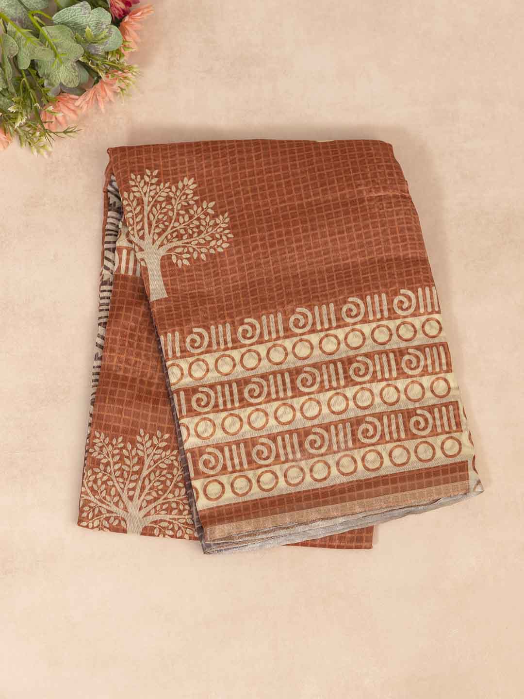 Women Burnt Orange Semi Chanderi Cotton Printed Saree SC44