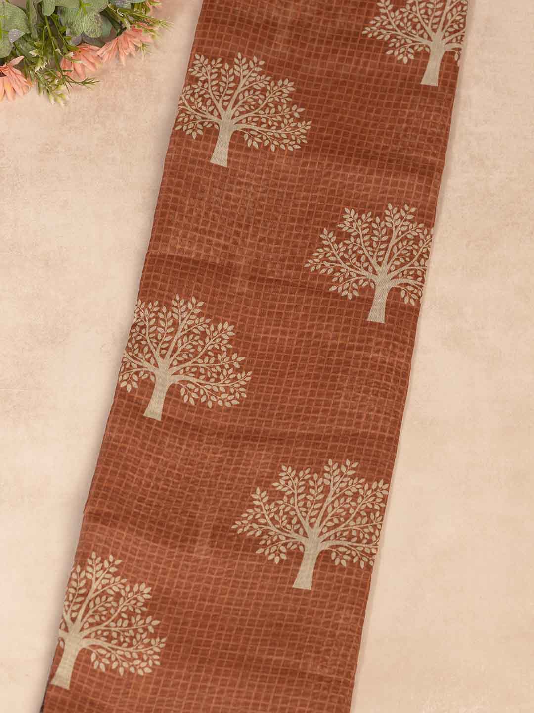 Women Burnt Orange Semi Chanderi Cotton Printed Saree SC44