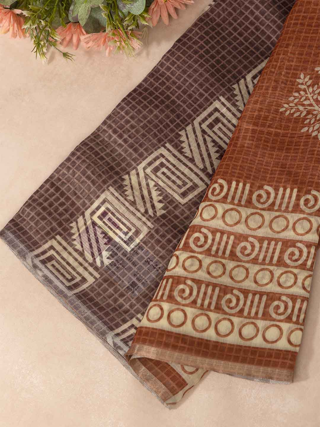 Women Burnt Orange Semi Chanderi Cotton Printed Saree SC44
