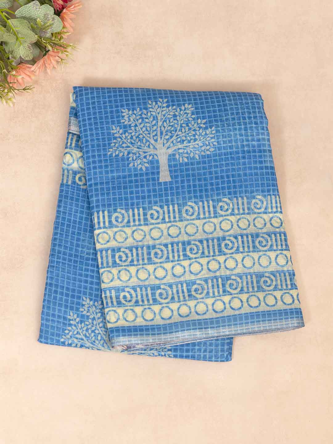 Women Blue Semi Chanderi Cotton Printed Saree SC46