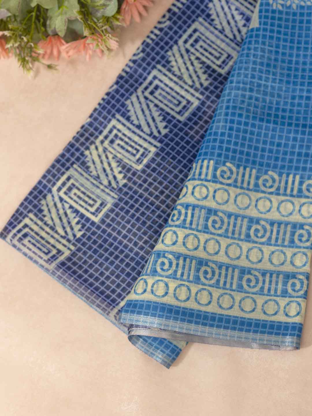Women Blue Semi Chanderi Cotton Printed Saree SC46