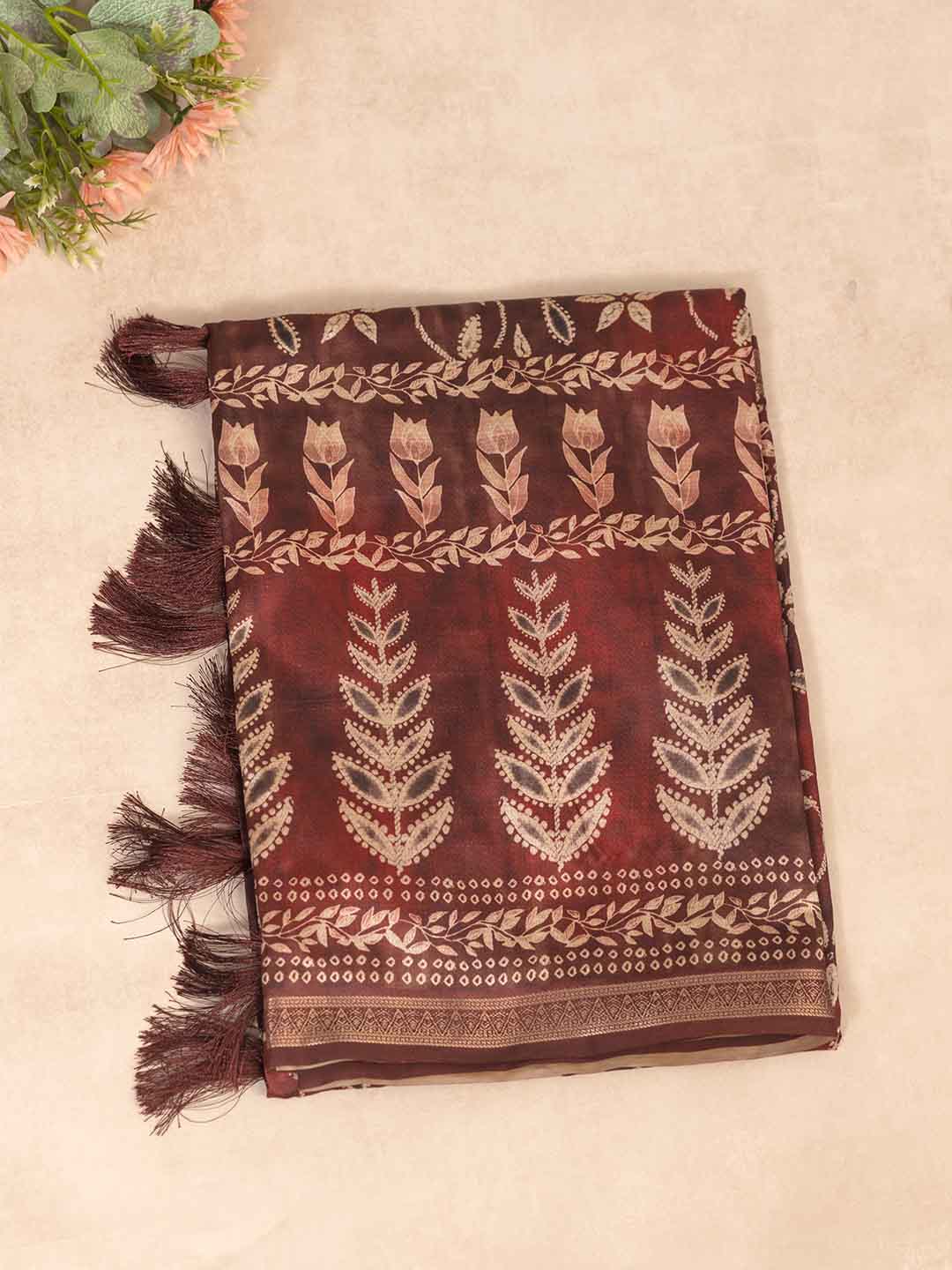Women Maroon Semi Tussar Printed Saree ST212