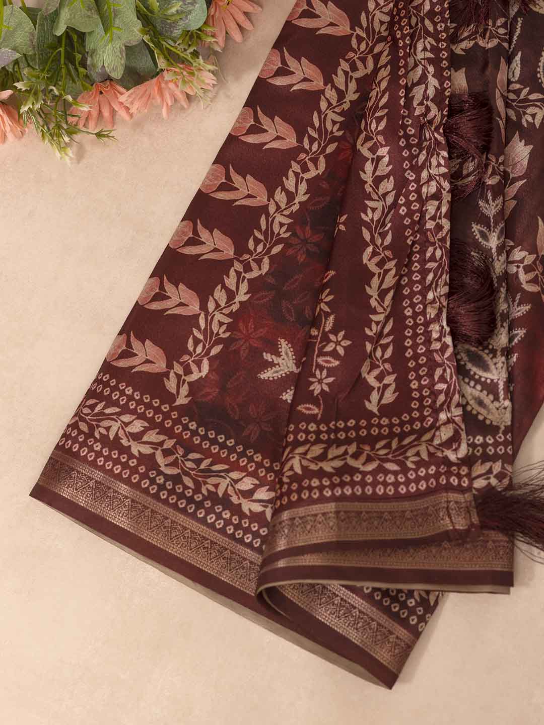 Women Maroon Semi Tussar Printed Saree ST212