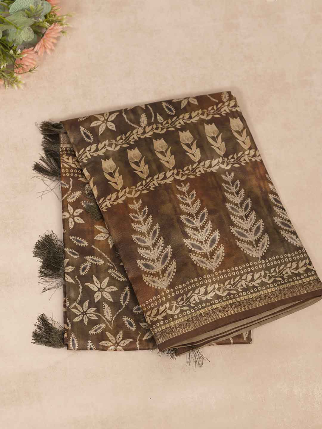 Women Green Semi Tussar Printed Saree ST211