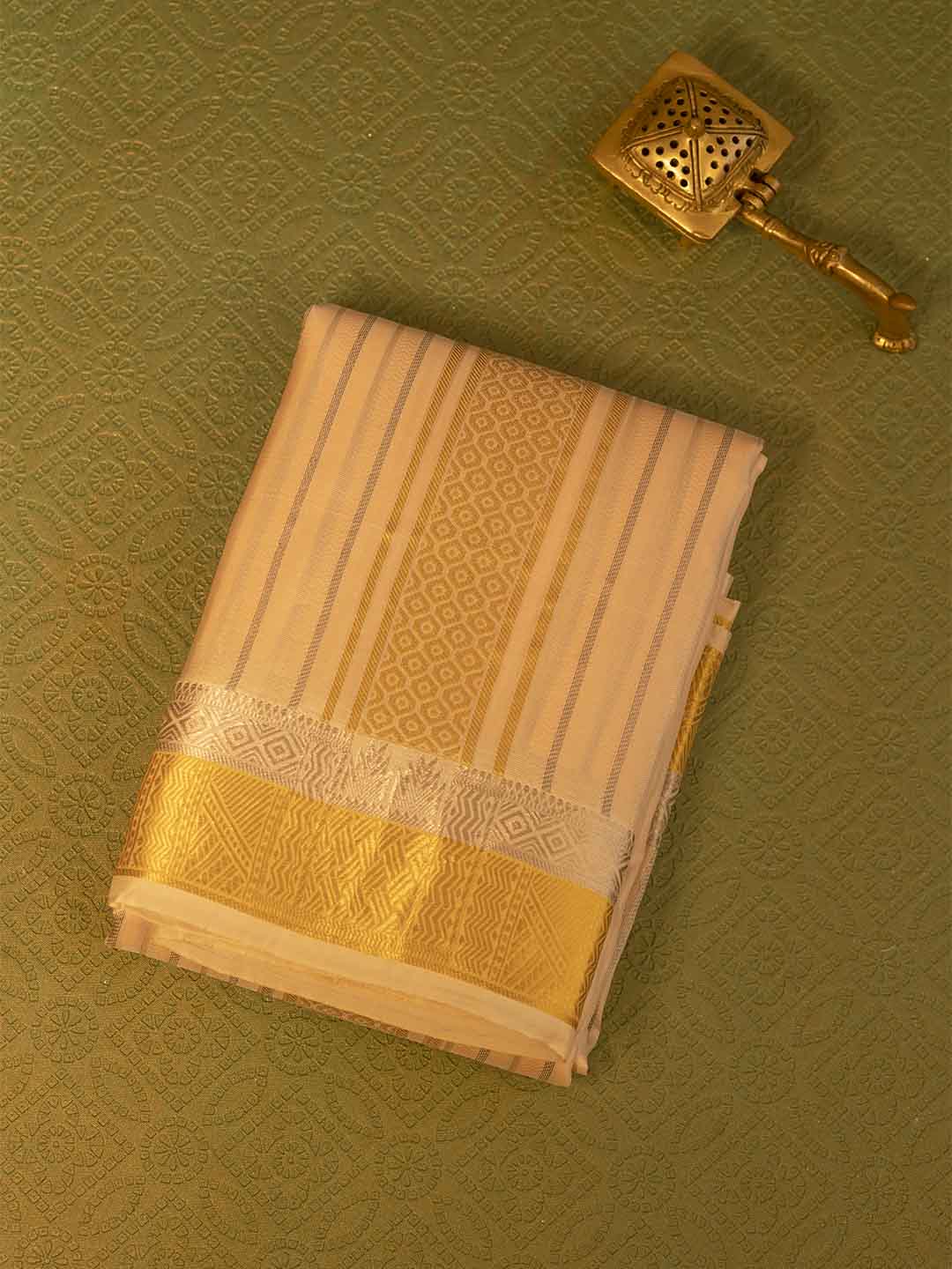 Men Pure Silk Coral Dhoti & Towel Set with 3" inch Gold Jari Border TK04