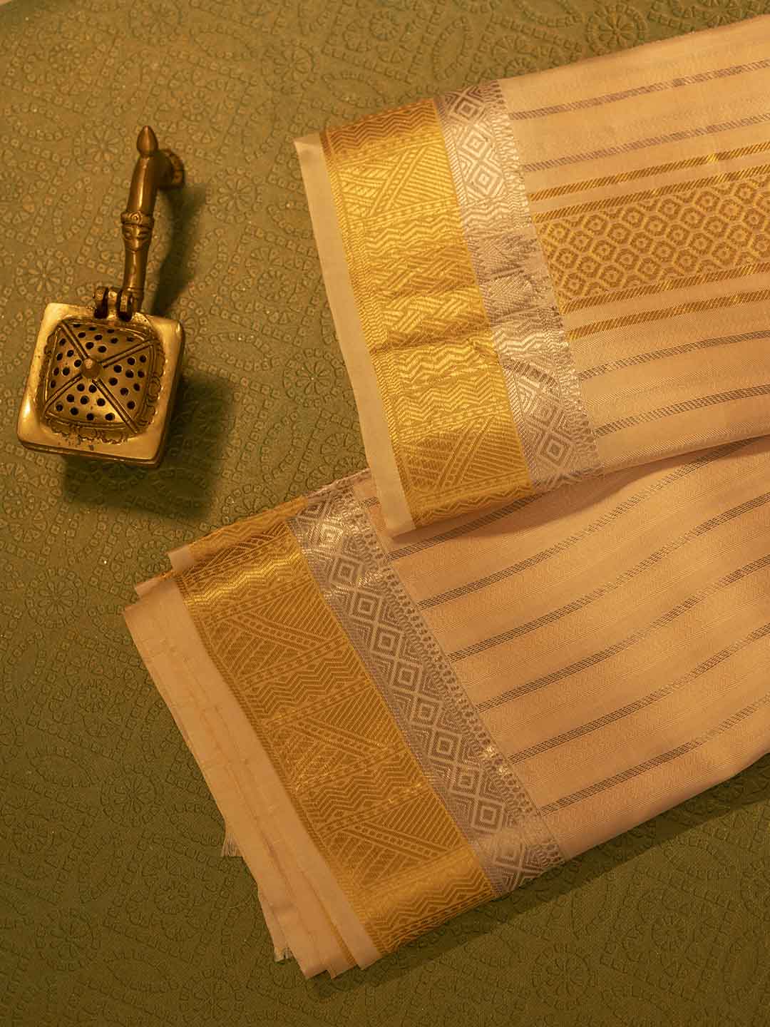Men Pure Silk Coral Dhoti & Towel Set with 3" inch Gold Jari Border TK04