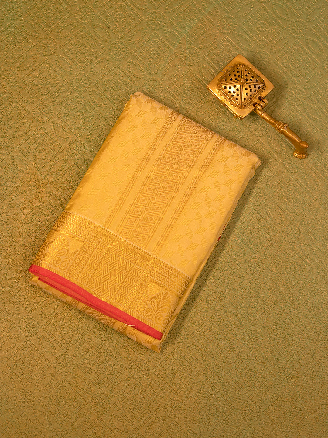 Men Pure Silk Gold Dhoti & Towel Set with 3" inch Gold Jari Border TK12