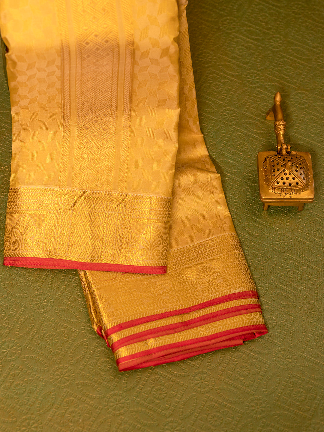 Men Pure Silk Gold Dhoti & Towel Set with 3" inch Gold Jari Border TK12