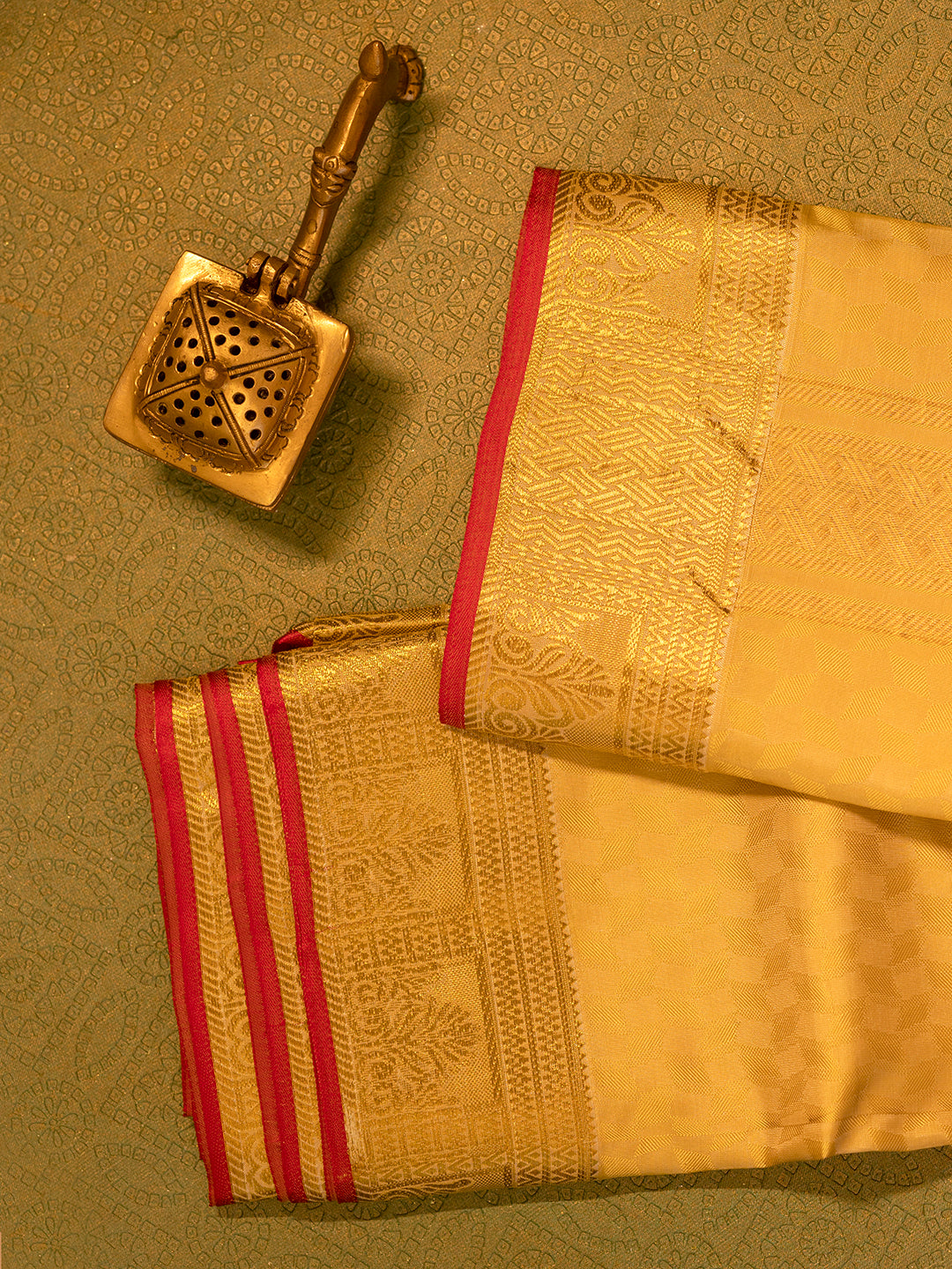 Men Pure Silk Gold Dhoti & Towel Set with 3" inch Gold Jari Border TK12