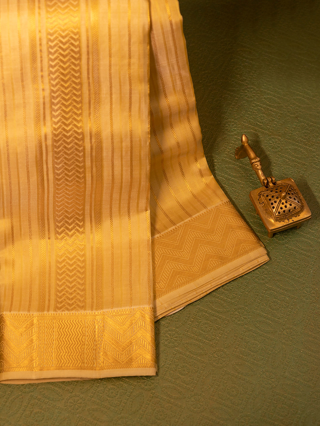 Men Pure Silk Gold Dhoti & Towel Set with 3" inch Gold Jari Border TK03