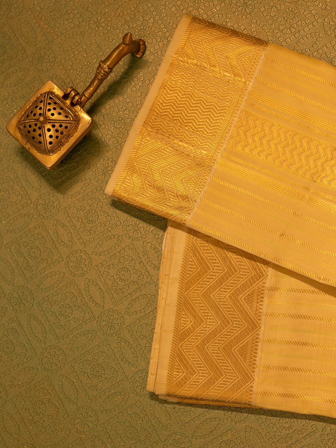 Men Pure Silk Gold Dhoti & Towel Set with 3" inch Gold Jari Border TK03