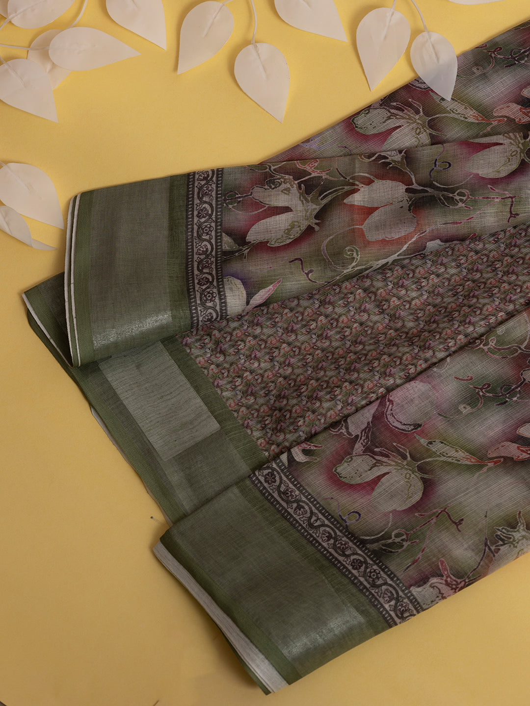 Women Semi Linen Digital Printed Saree Green SL189