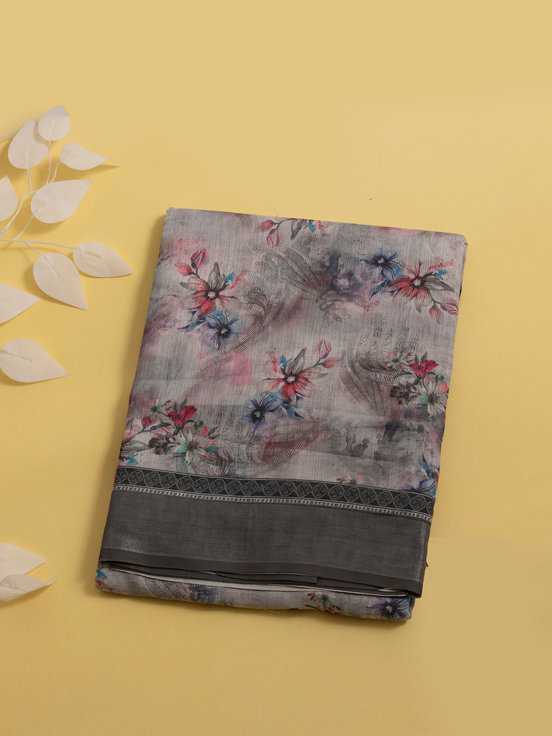 Women Semi Linen Digital Printed Saree Grey SL186