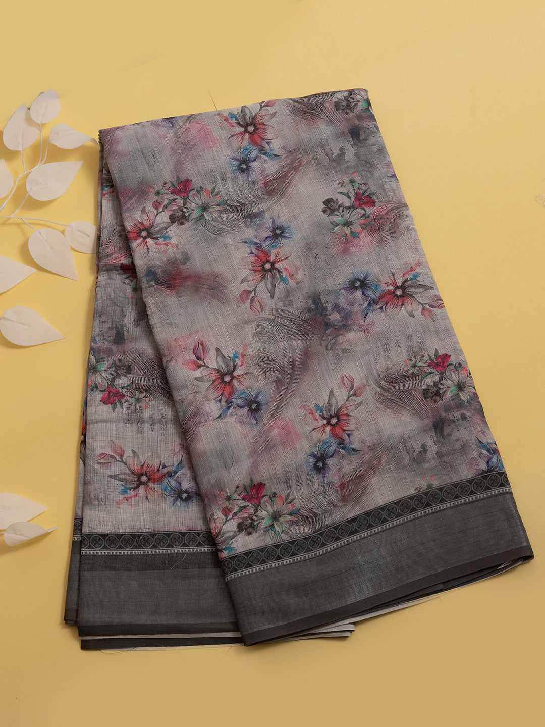 Women Semi Linen Digital Printed Saree Grey SL186