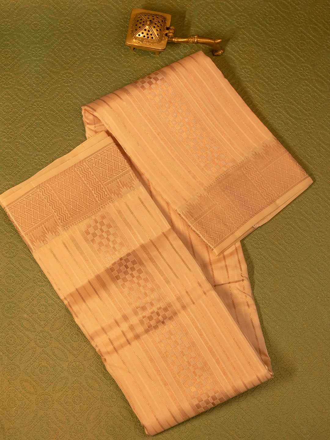 Men Pure Silk Light Rose Dhoti & Towel Set with 3" inch Gold Jari Border TK07