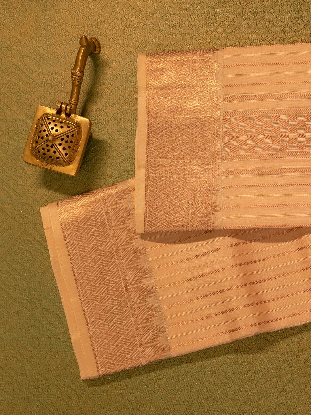 Men Pure Silk Light Rose Dhoti & Towel Set with 3" inch Gold Jari Border TK07