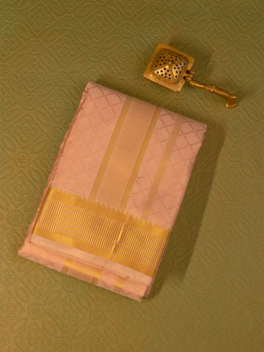 Men Pure Silk Light Copper Dhoti & Towel Set with 3" inch Fancy Jari Border TK10