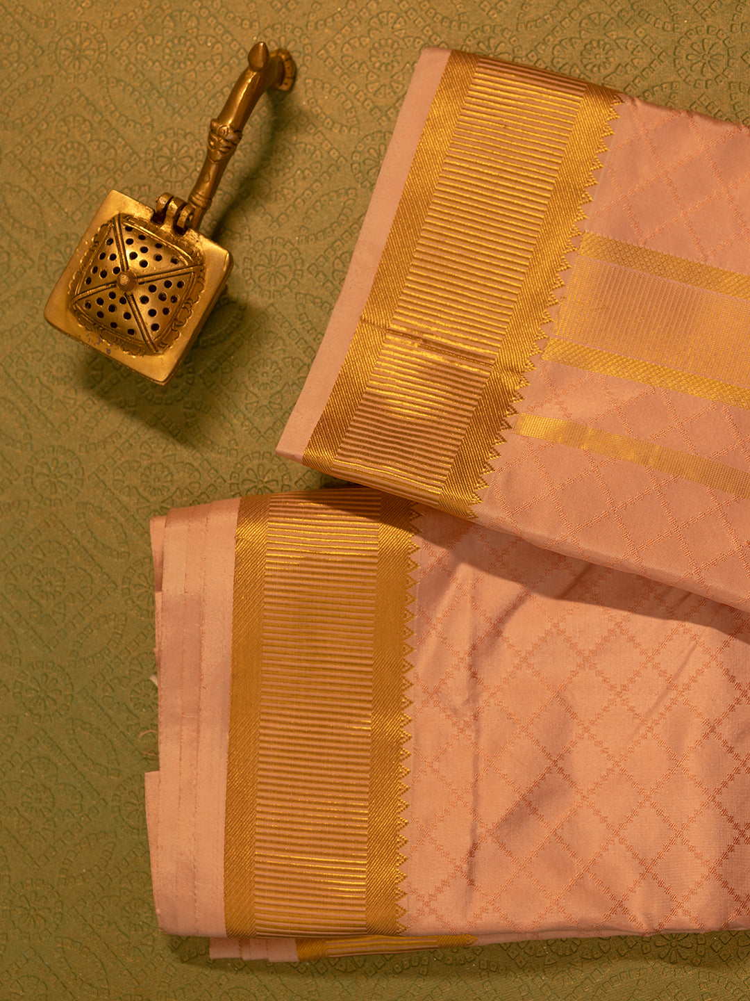 Men Pure Silk Light Copper Dhoti & Towel Set with 3" inch Fancy Jari Border TK10