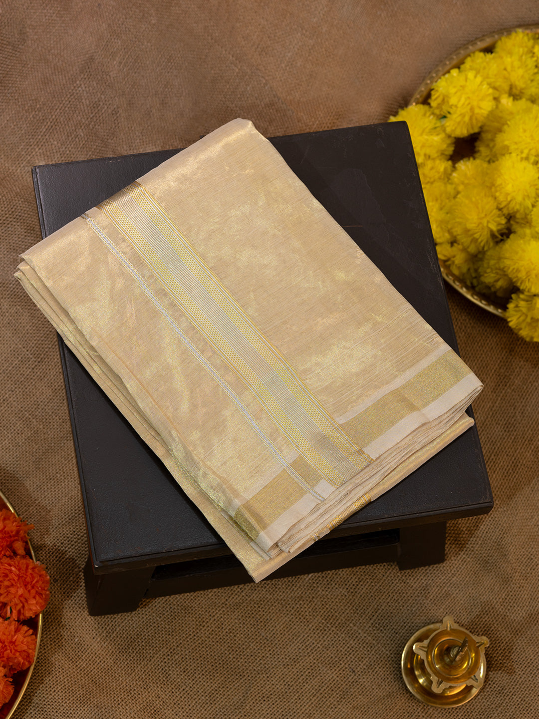 Men Premium Handloom Gold Dhoti with Jari Border HLM46
