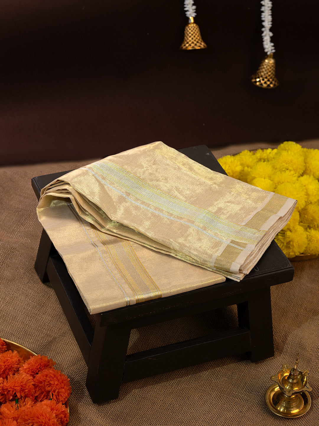 Men Premium Handloom Gold Dhoti with Jari Border HLM46