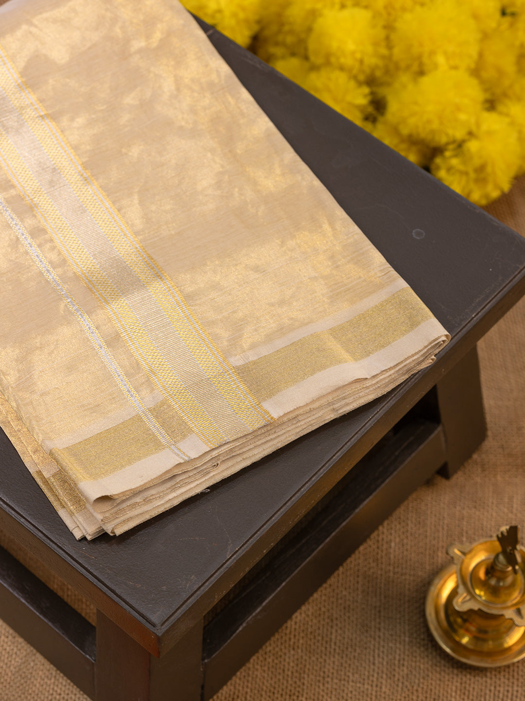 Men Premium Handloom Gold Dhoti with Jari Border HLM46