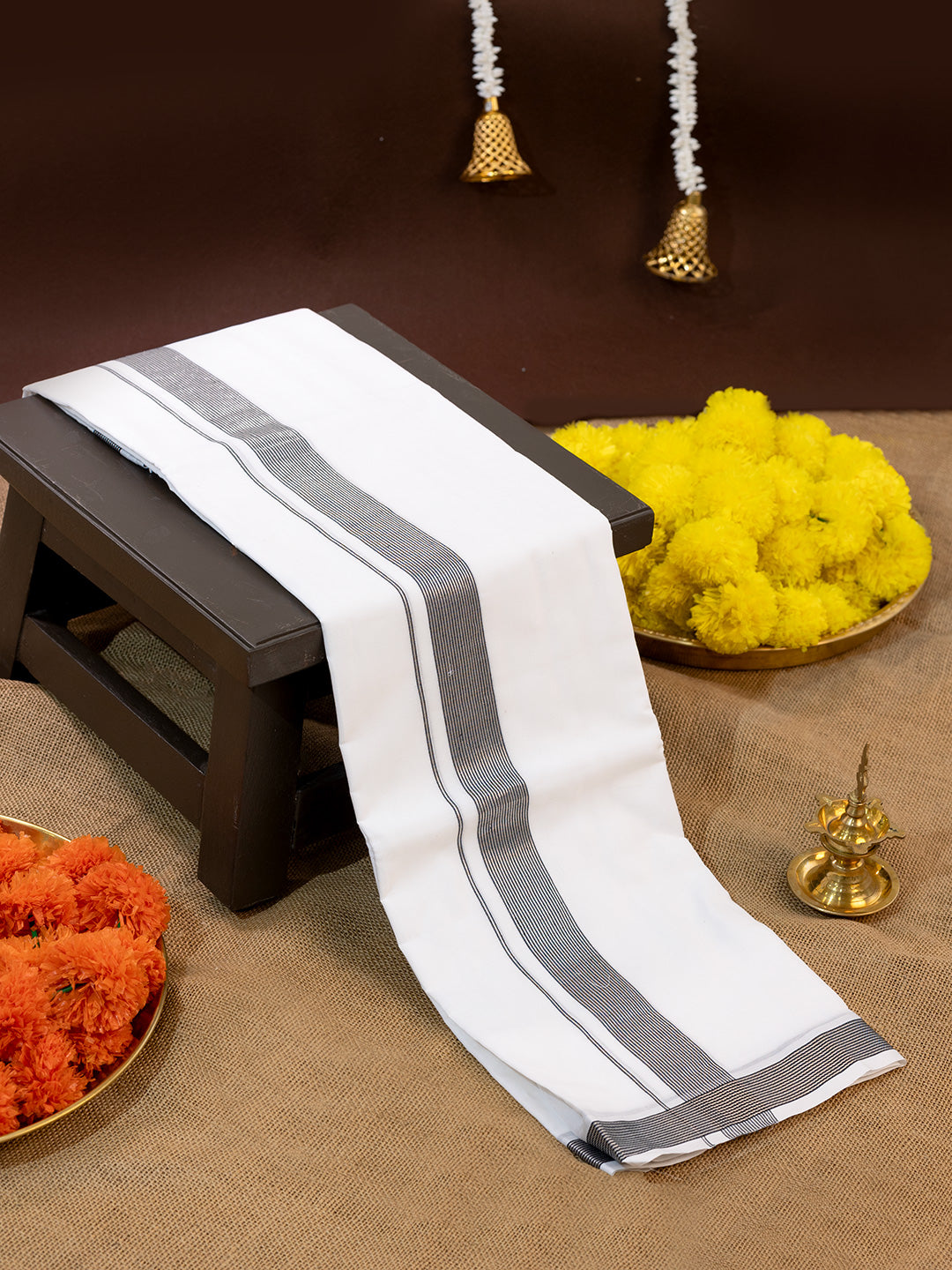 Men Premium Handloom White Dhoti with Silver Jari Border HLM39