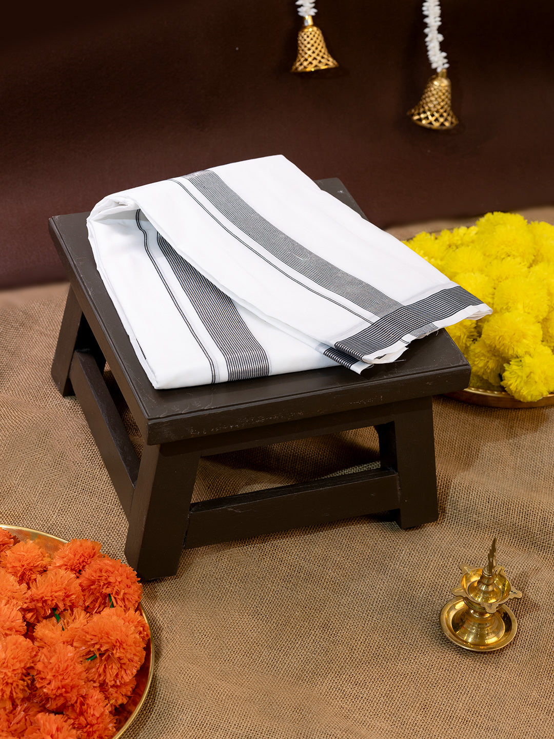 Men Premium Handloom White Dhoti with Silver Jari Border HLM39
