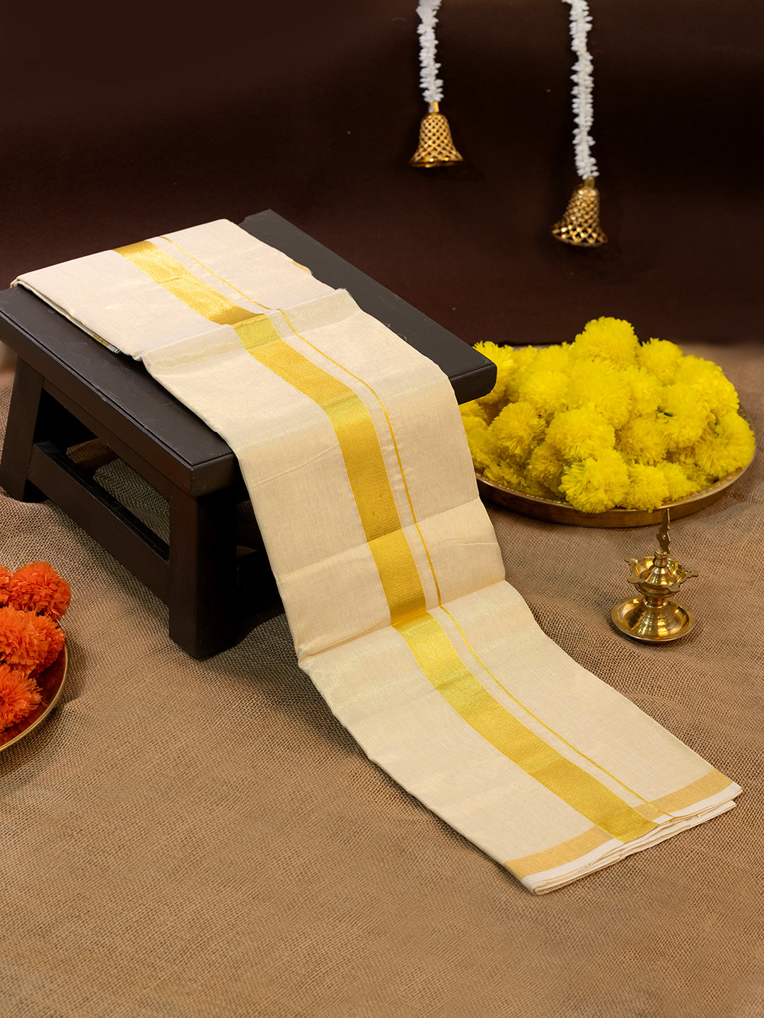 Men Premium Handloom Gold Dhoti with Jari Border HLM60