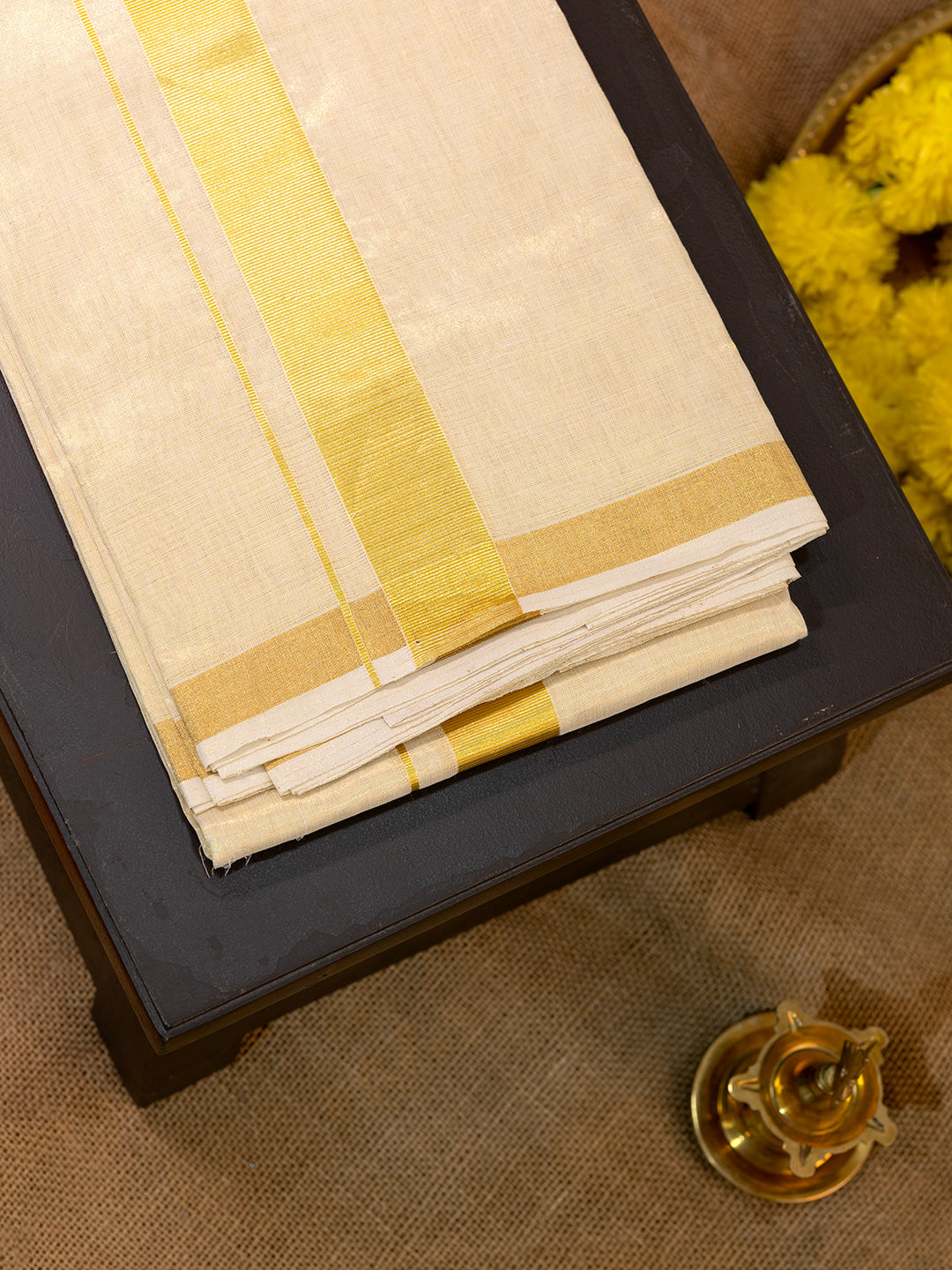 Men Premium Handloom Gold Dhoti with Jari Border HLM60