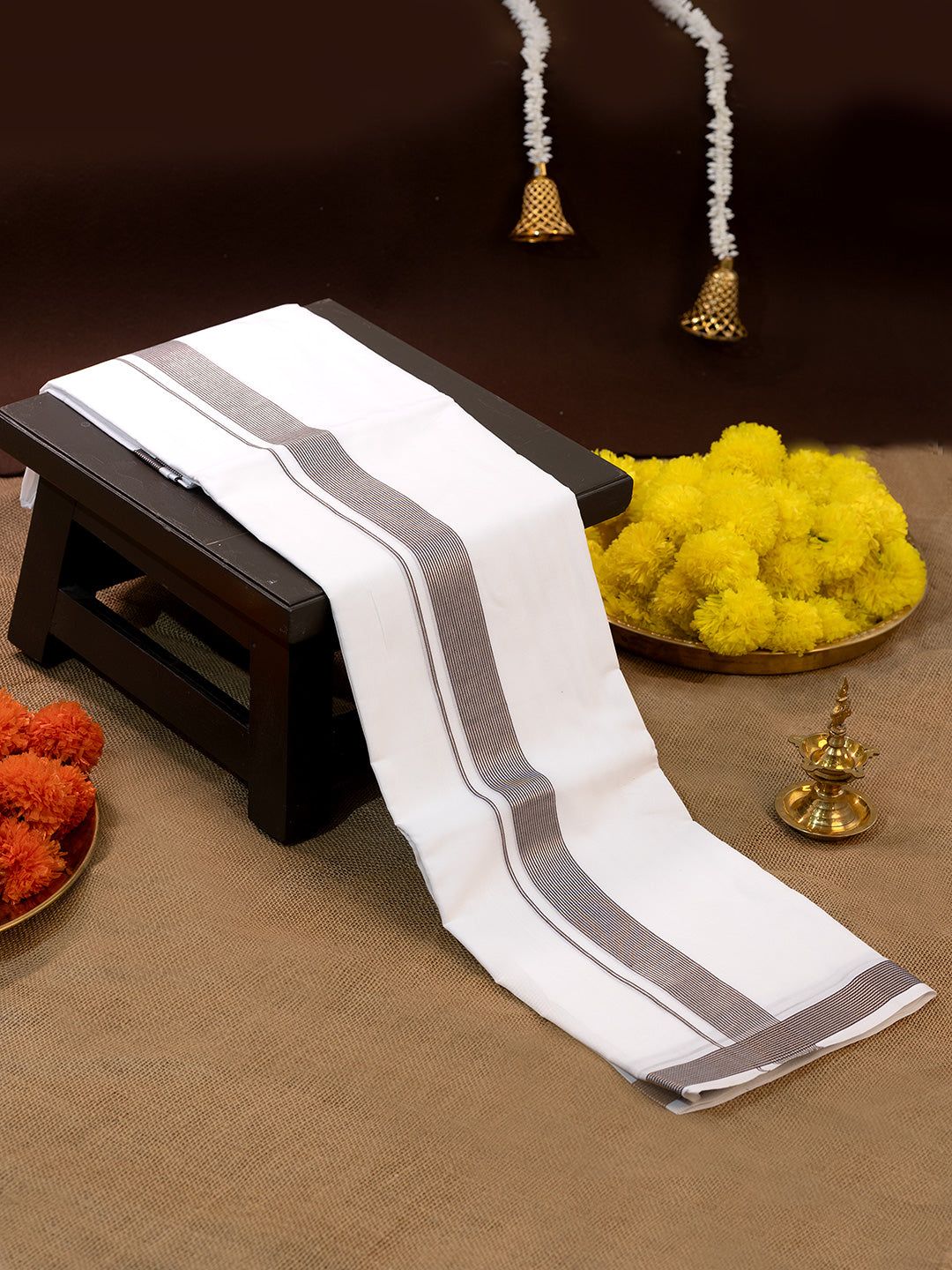 Men Premium Handloom White Dhoti with Silver Jari Border HLM48