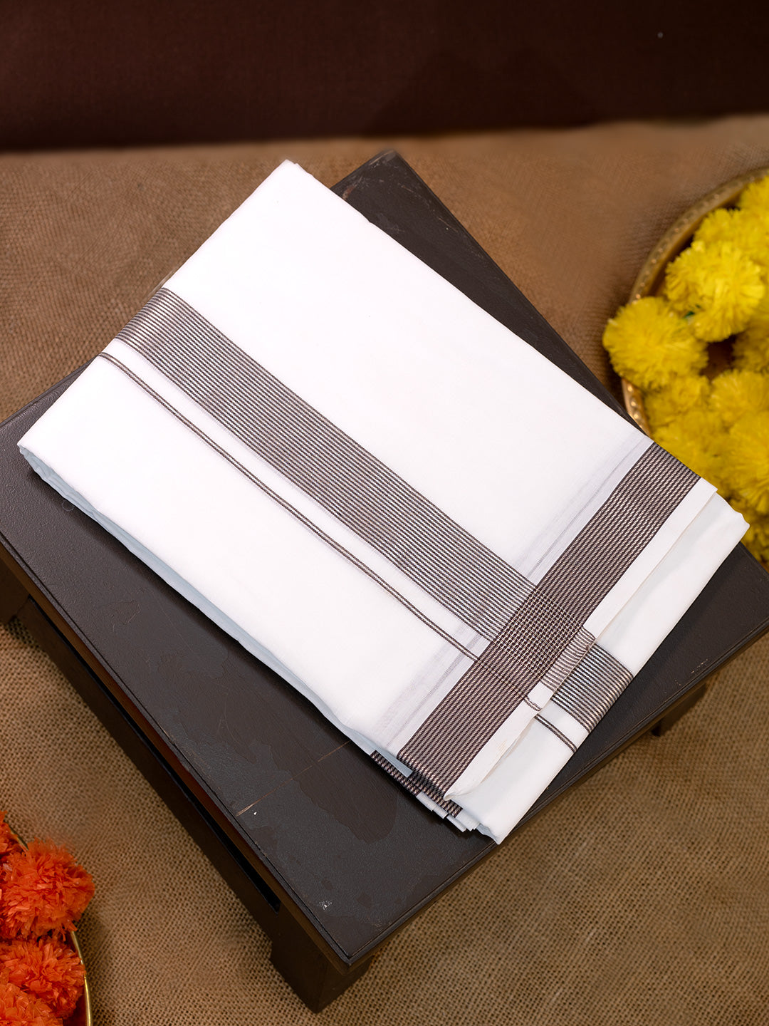 Men Premium Handloom White Dhoti with Silver Jari Border HLM48
