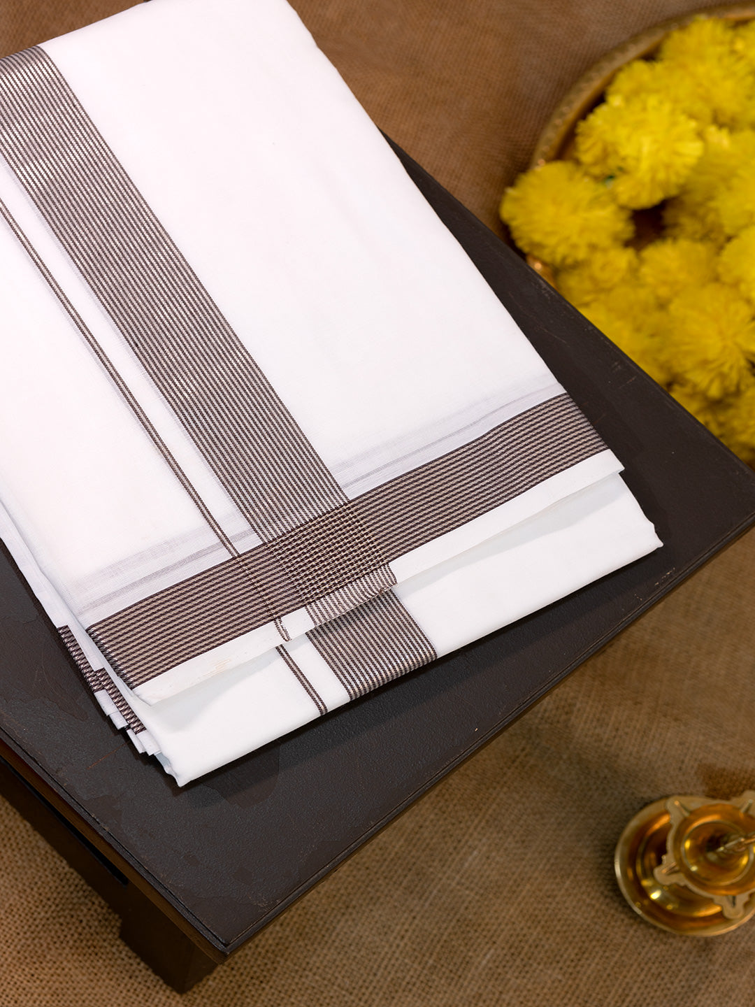 Men Premium Handloom White Dhoti with Silver Jari Border HLM48