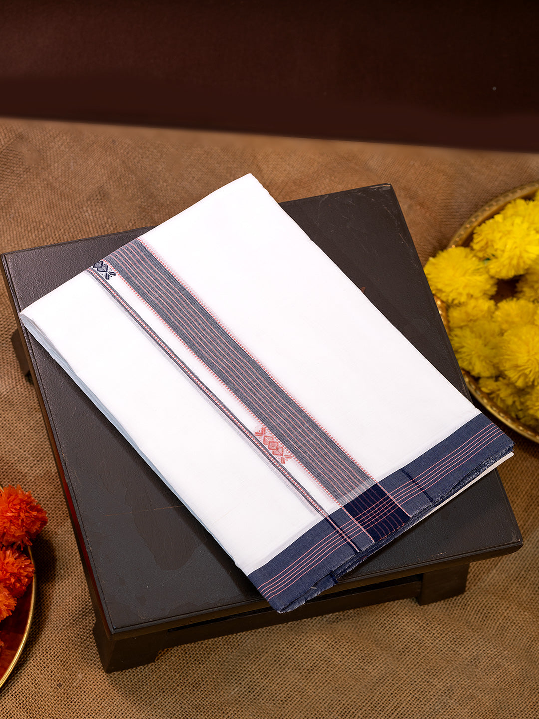 Men Premium Handloom White Dhoti with Fancy Border HLM55