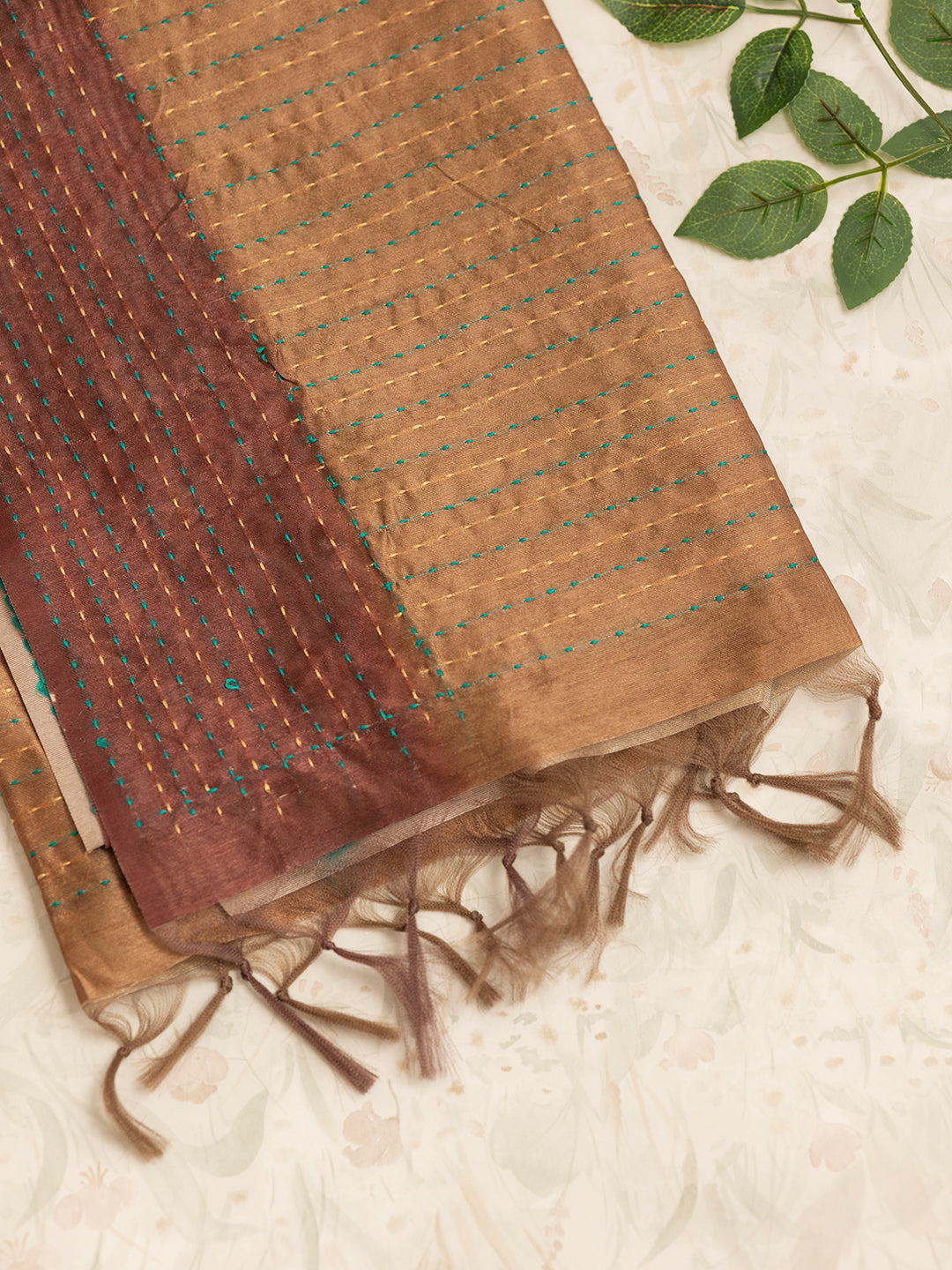 Women Brown with Green Printed Semi Tussar Saree ST234