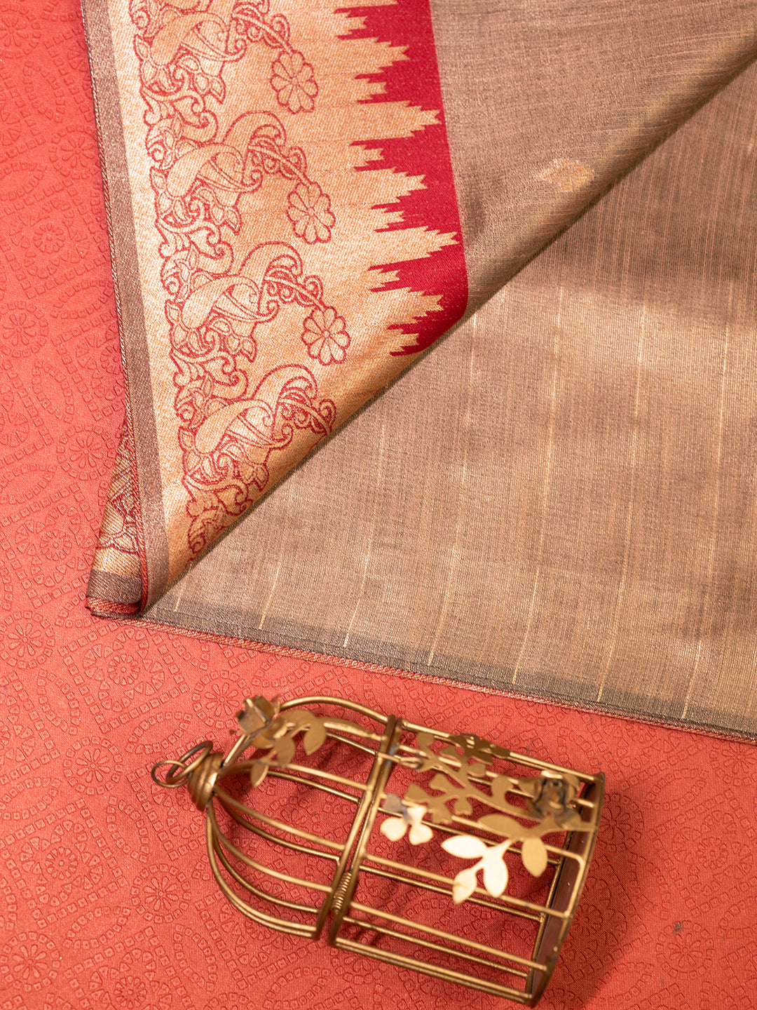 Women Gold Tissue Saree with Maroon Embroidered Border TS19