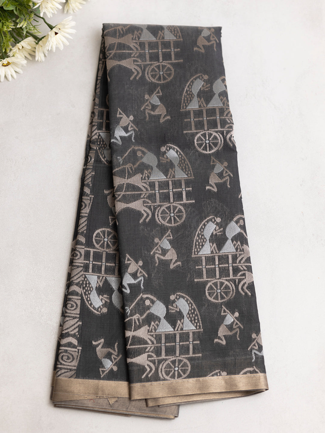Women Dark Grey Kotta Cotton Saree PCS184