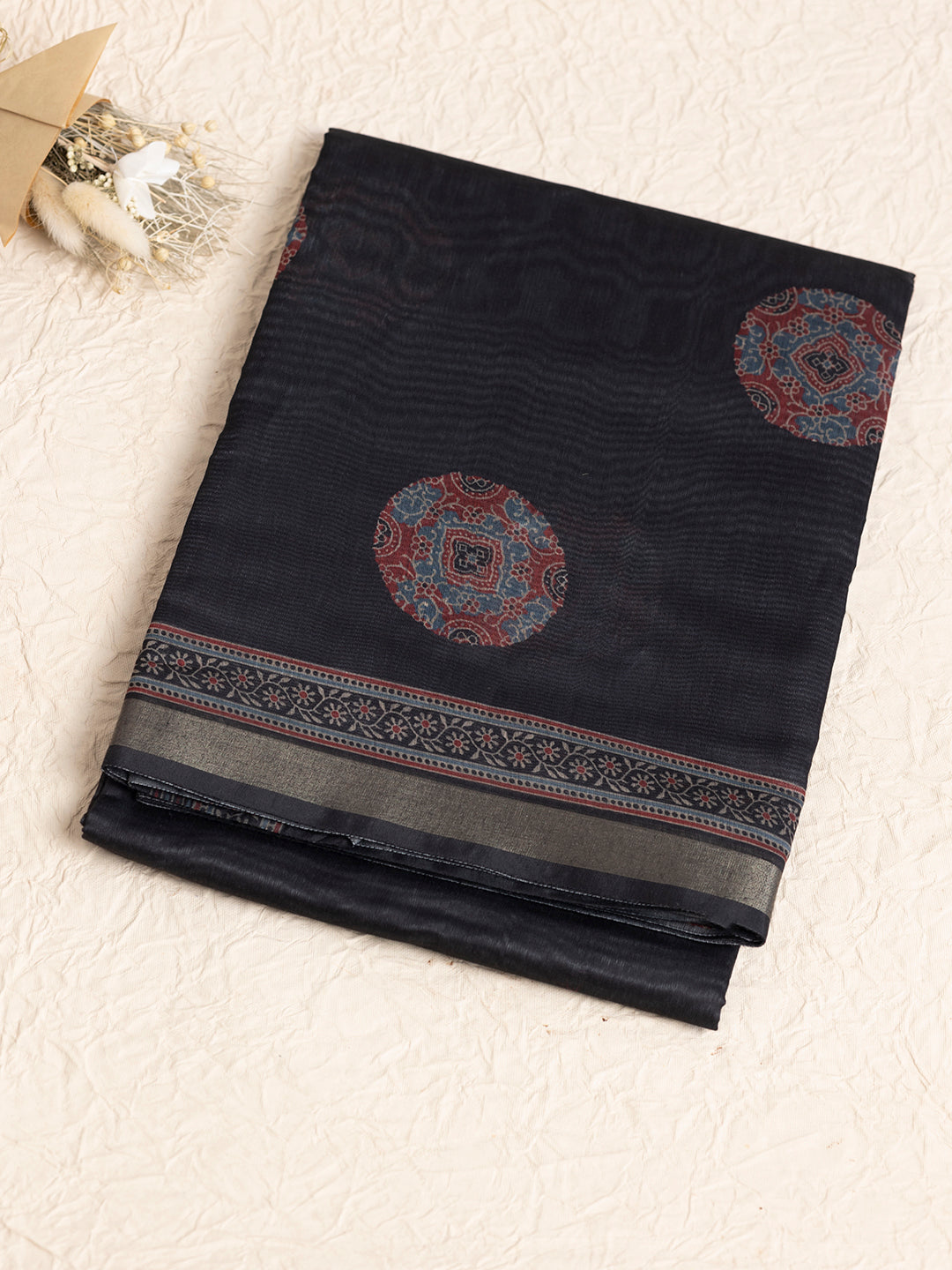 Women Black Semi Chanderi Cotton Printed Saree SC55