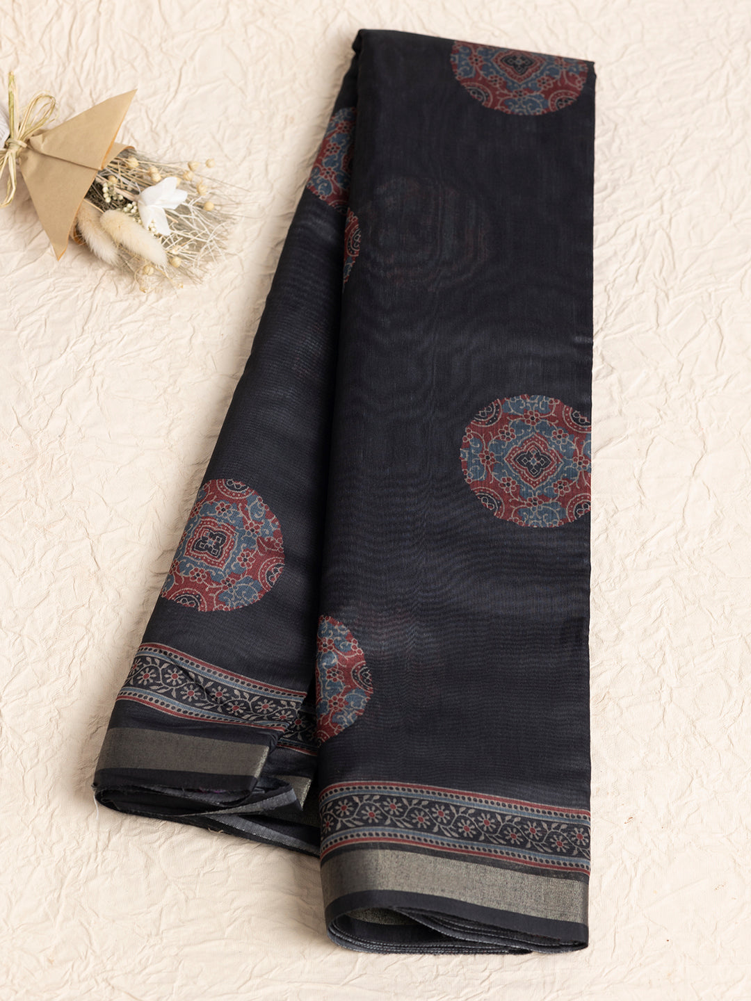 Women Black Semi Chanderi Cotton Printed Saree SC55