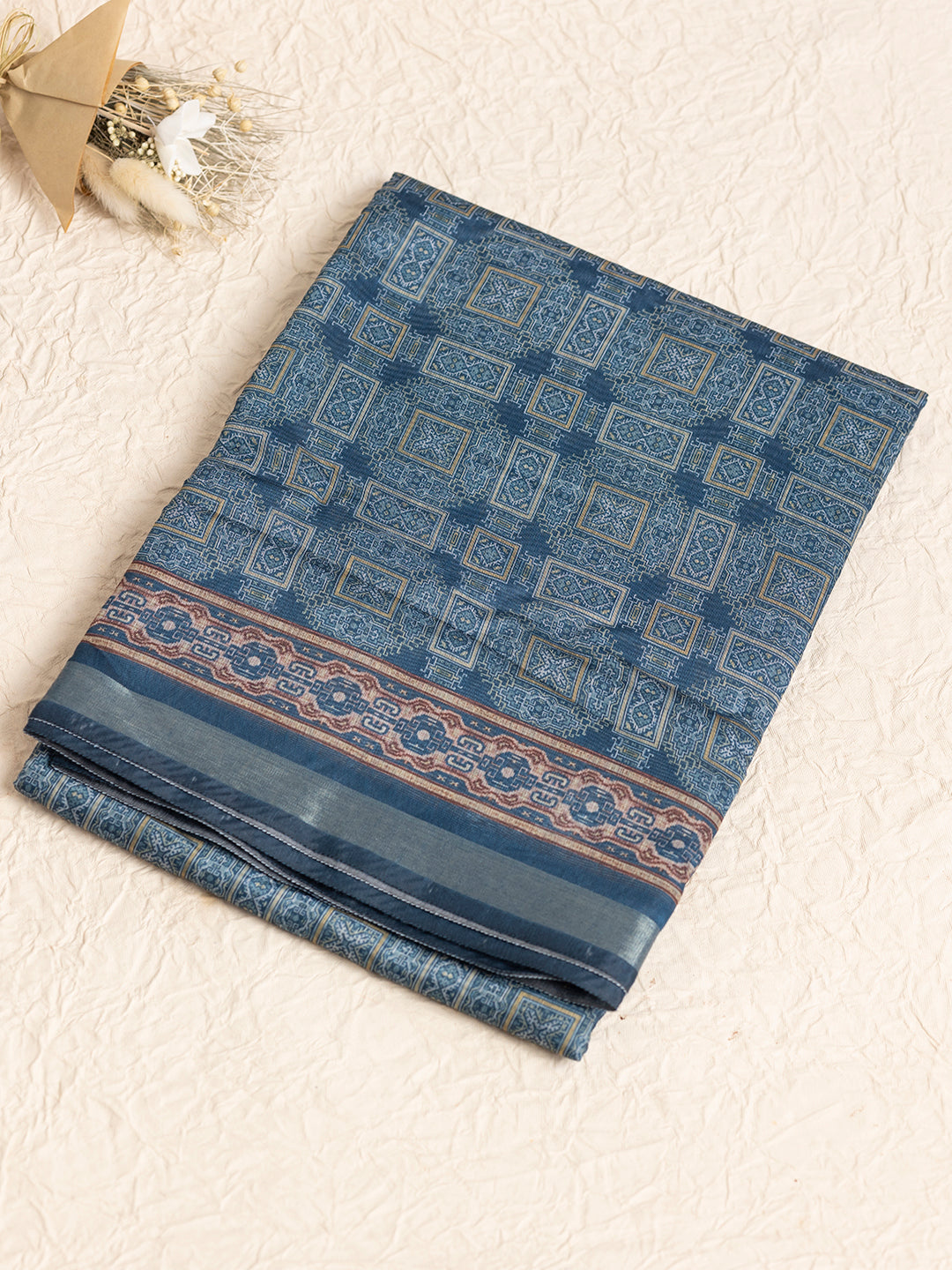 Women Dark Blue Semi Chanderi Cotton Printed Saree SC57
