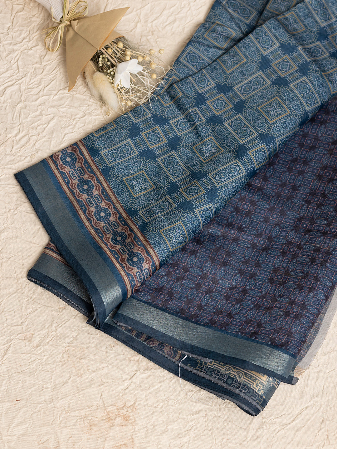 Women Dark Blue Semi Chanderi Cotton Printed Saree SC57