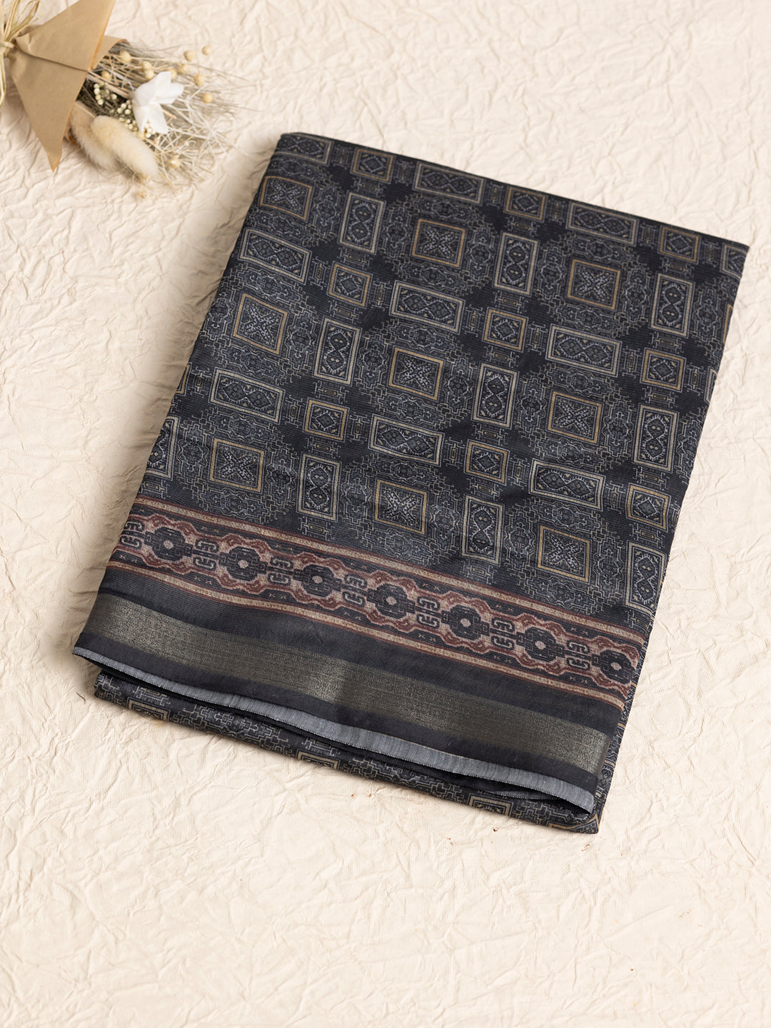 Women Dark Green Semi Chanderi Cotton Printed Saree SC58