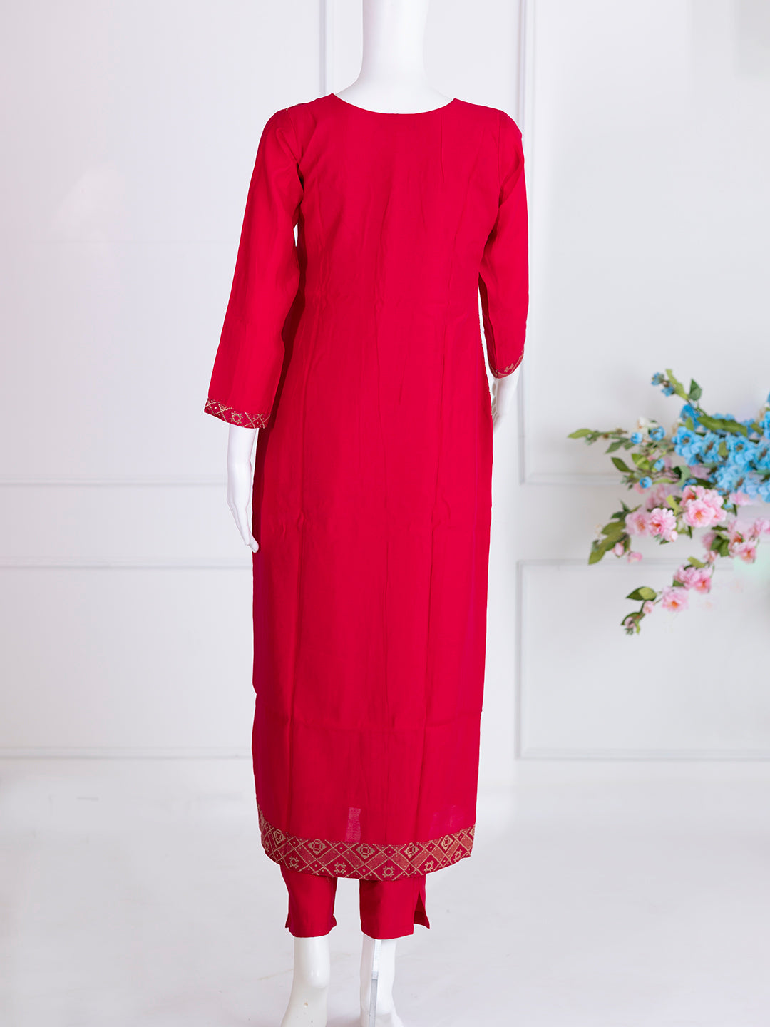 Women Silky Crush Embroidered Kurti Set Red EKS82