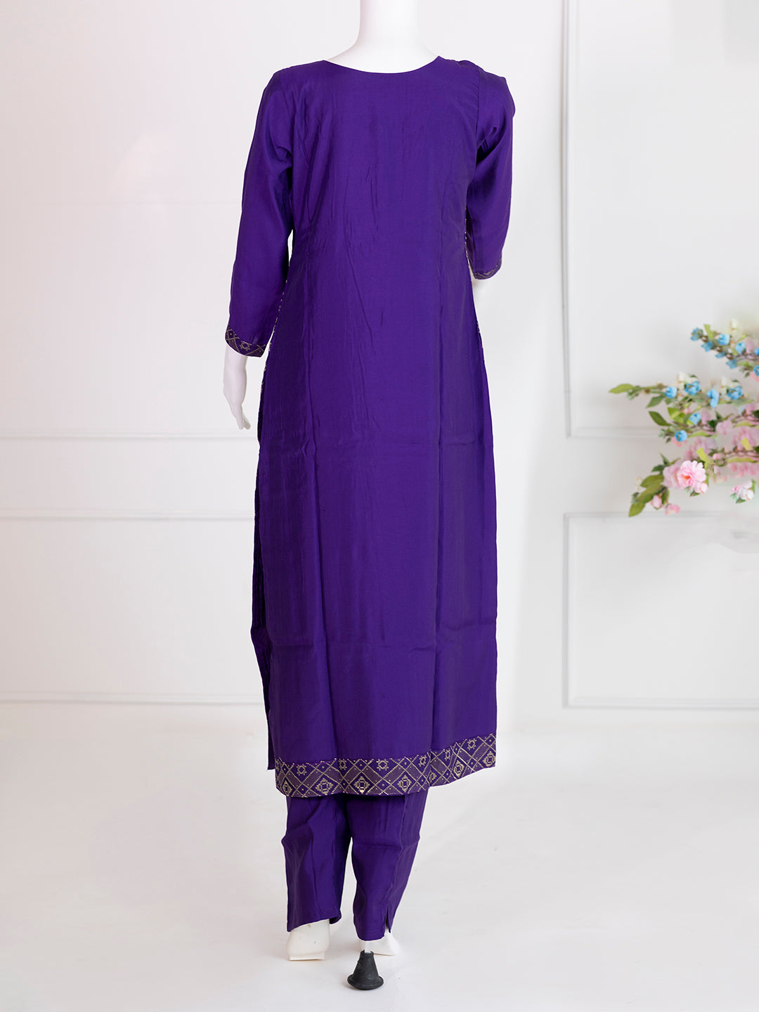 Women Silky Crush Embroidered Kurti Set Violet EKS81