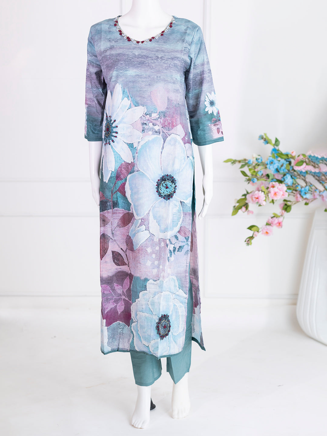 Women Greyish Blue Cotton Printed Kurti Set EKS84