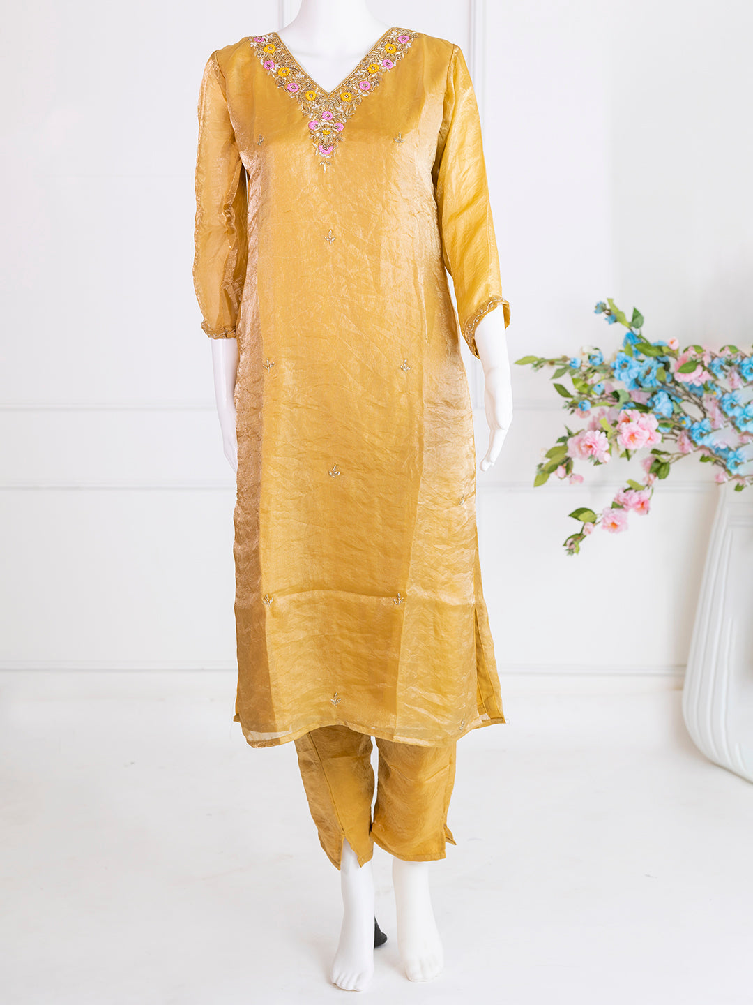 Women Silky Crush Embroidered Kurti Set Gold EKS74