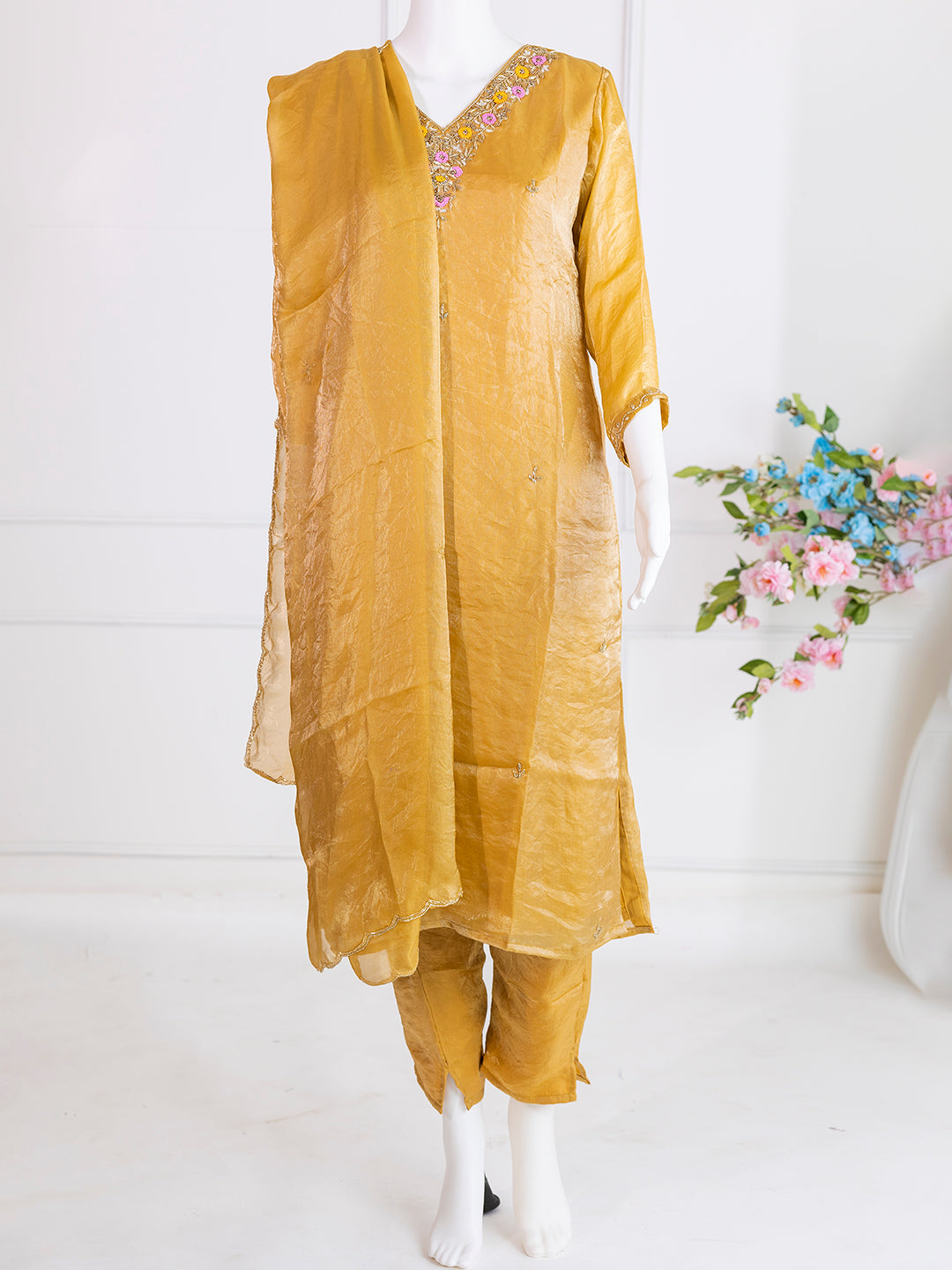 Women Silky Crush Embroidered Kurti Set Gold EKS74