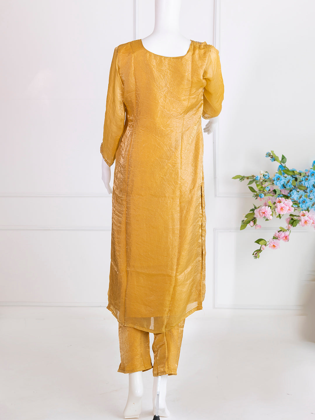 Women Silky Crush Embroidered Kurti Set Gold EKS74
