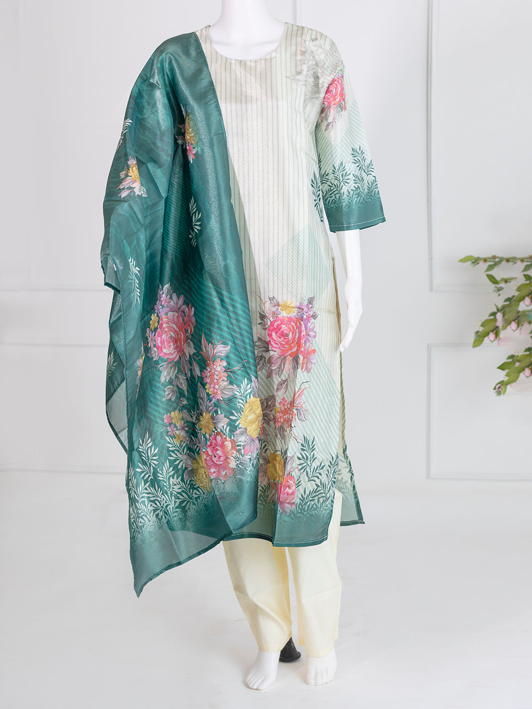 Women Green Art Silk Stripes Designed Kurti Set EKS78