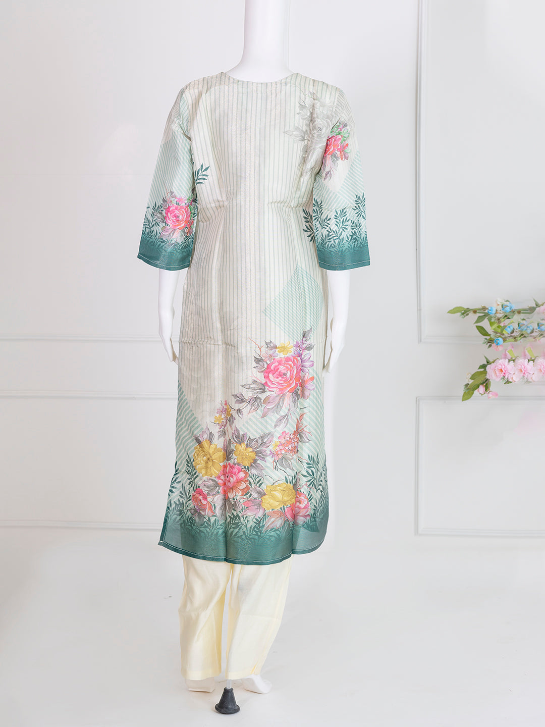Women Green Art Silk Stripes Designed Kurti Set EKS78