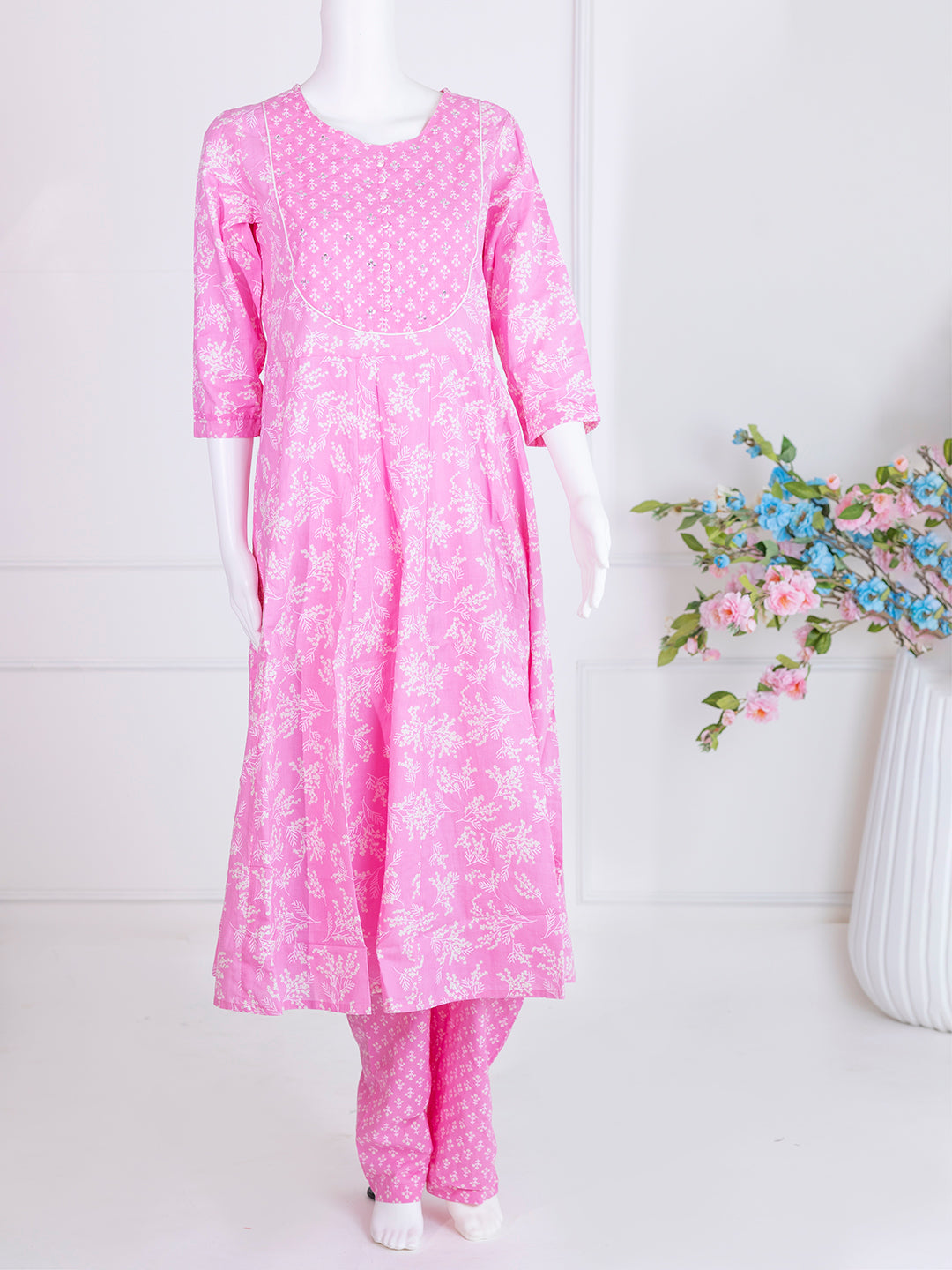 Women Pink Cotton Printed Kurti Set EKS75